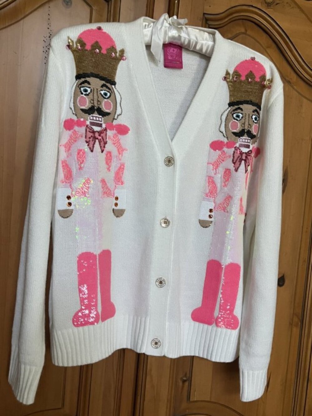 Queen of Sparkles Nutcracker Cardigan Sweater, Size S, White & Pink